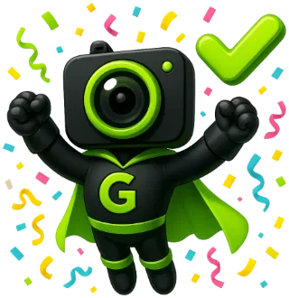Gala, the GalaRay camera mascot, celebrating