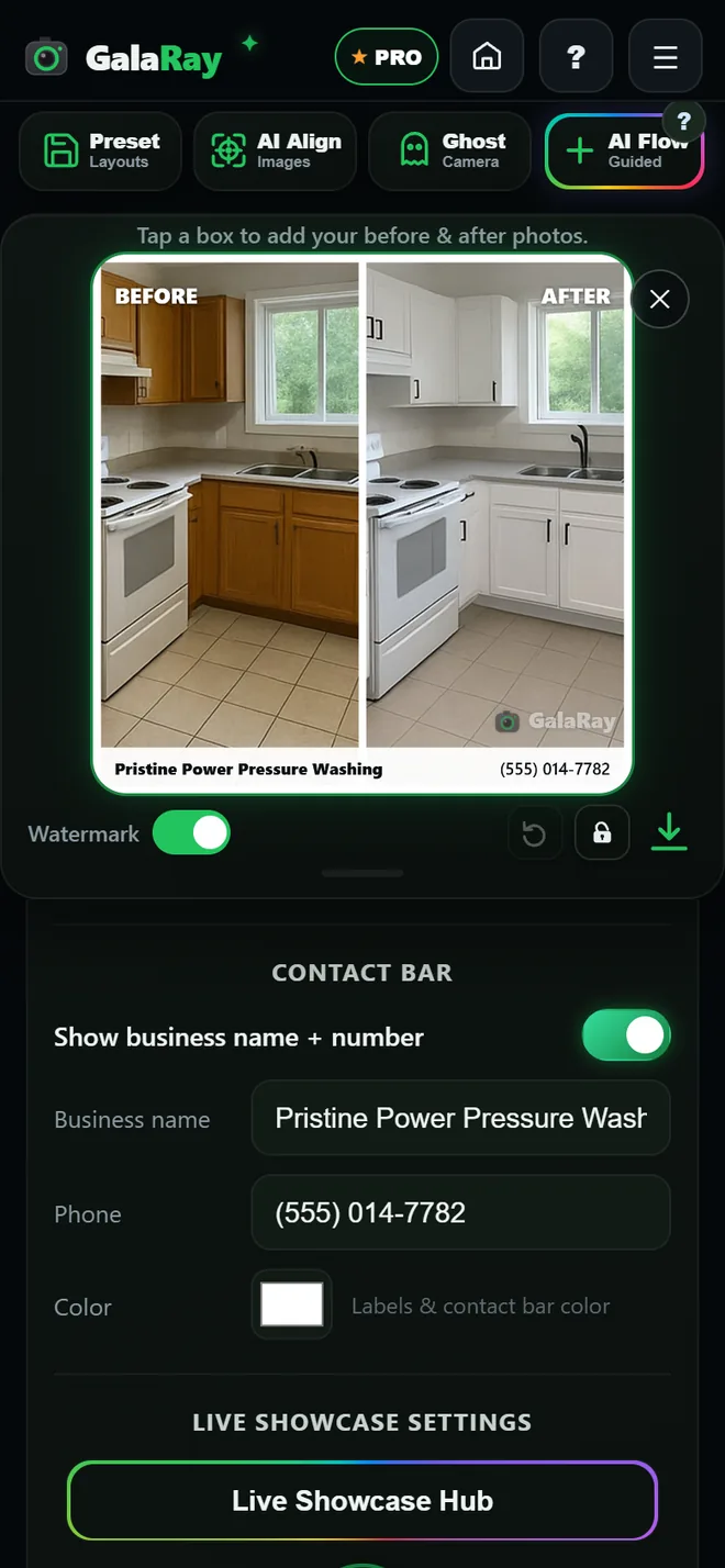 The Brand Kit&rsquo;s contact bar settings: a switch turning on &ldquo;Show business name + number&rdquo;, the business name and phone number filled in, a colour picker for the labels and contact bar, and a Live Showcase Hub button below under Live Showcase Settings.