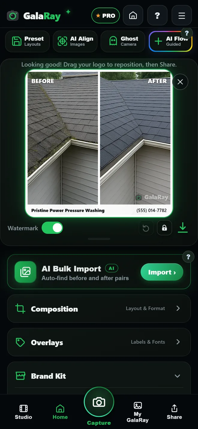 The GalaRay editor holding a finished roof-wash post: a moss-covered roof labelled BEFORE on the left, the same roof cleaned and labelled AFTER on the right, and a white contact bar across the bottom reading Pristine Power Pressure Washing with a phone number.
