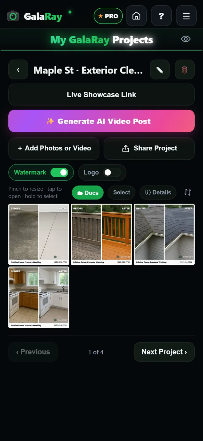 Inside the Maple St Exterior Clean project: buttons for Live Showcase Link, Generate AI Video Post, Add Photos or Video and Share Project, then four finished before & after posts — a driveway, a deck, a roof and a kitchen — each carrying the business name and phone number along the bottom.