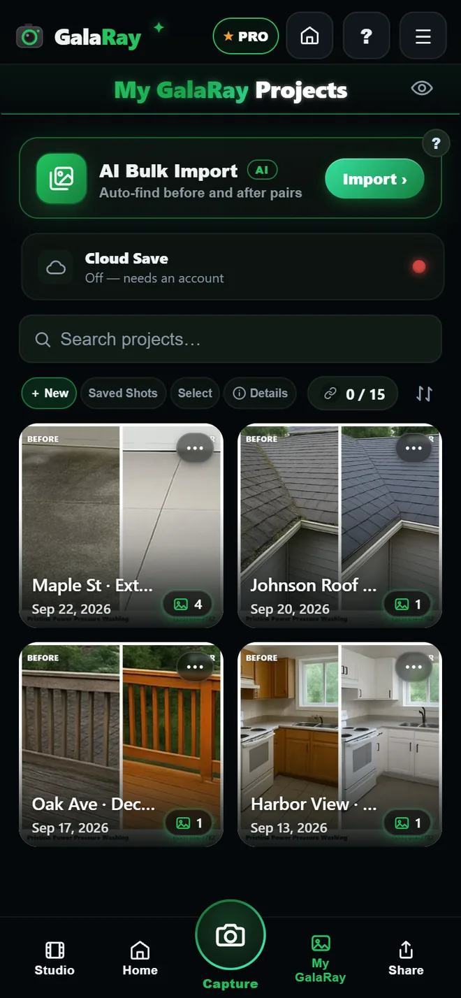 The My GalaRay projects screen listing four jobs as cards — Maple St Exterior Clean, Johnson Roof Wash, Oak Ave Deck Restore and Harbor View Kitchen. Each card&rsquo;s cover is that job&rsquo;s before and after side by side, with the date and the number of photos in the project.