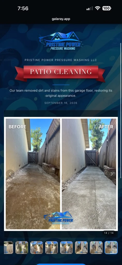 A Live Showcase Link open in a phone browser at galaray.app: the Pristine Power Pressure Washing logo, a red ribbon banner reading PATIO CLEANING, a short note about the job, then the before and after of a narrow side path — stained concrete on the left, clean grey concrete on the right — with a rail of thumbnails underneath marked 14 of 14.